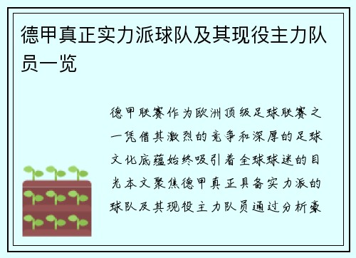 德甲真正实力派球队及其现役主力队员一览